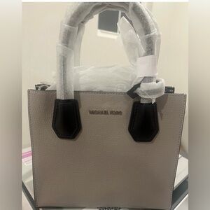 Michael Kors Small Pebbled Leather Satchel in Beige with Black Trim